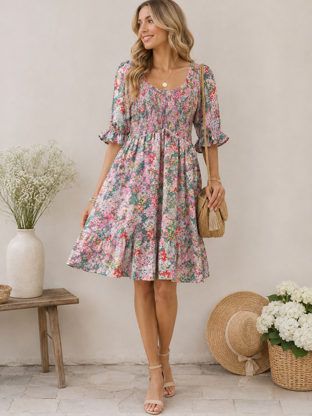 JODIFL Pink Floral Smocked Midi Dress with Green Accents